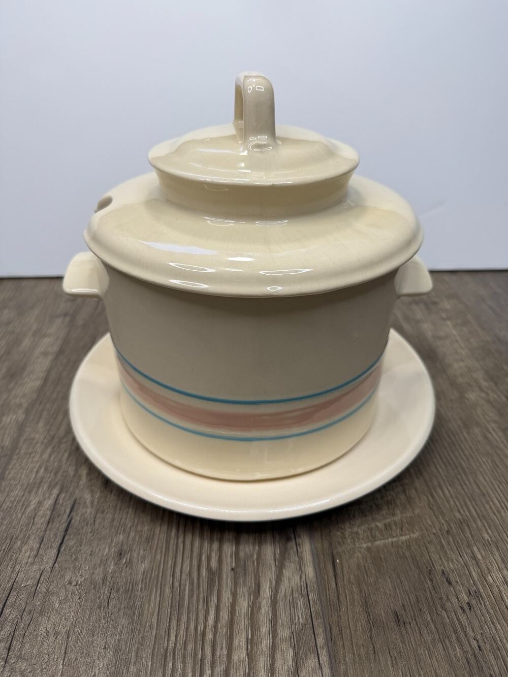 Vintage McCoy Stonecraft Soup Tureen & Plate Pink & Blue #0164 USA
